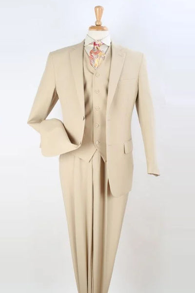 Mens Classic Fit Vested Two Button Pleated Pant Suit in Tan