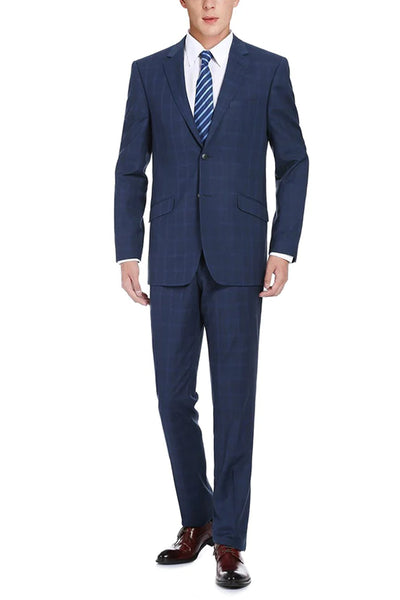 Mens Two Button Slim Fit Two Piece Suit in Indigo Blue Windowpane Plaid