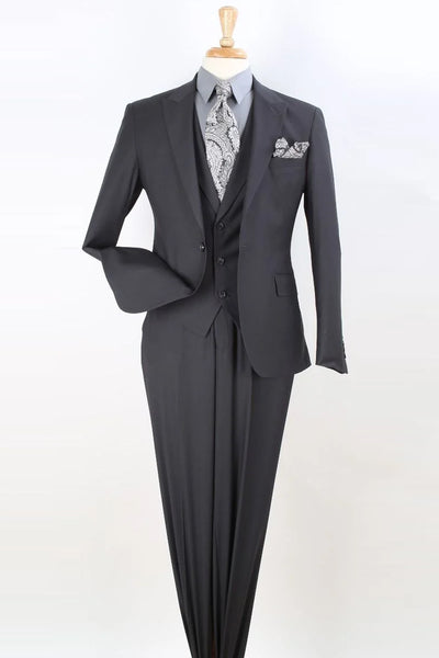 Mens Modern Fit One Button Peak Lapel Vested Fashion Suit in Charcoal Grey