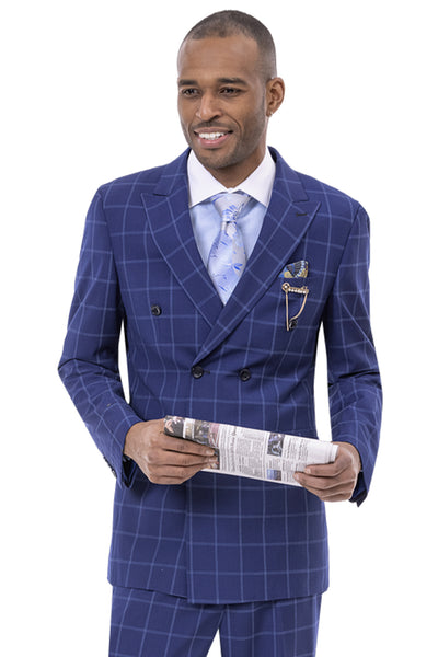 Mens Classic Double Breasted Pleated Pant Suit in Navy Blue Windowpane Plaid