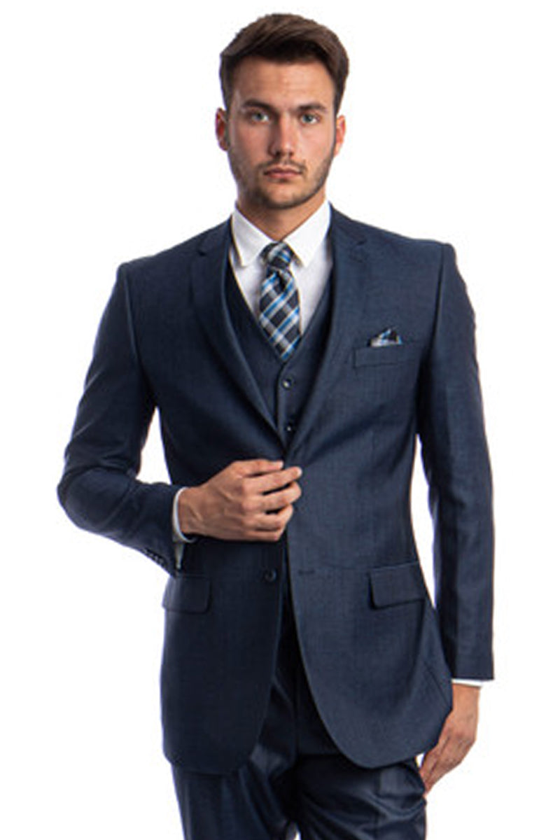 Men's Two Button Vested Textured Sharkskin Business Suit in Navy Blue