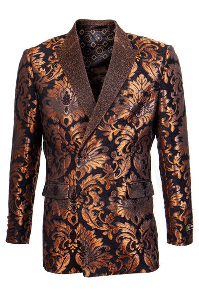 Men's Double Breasted Shiny Shimmery Floral Brocade Tuxedo Jacket in Rust