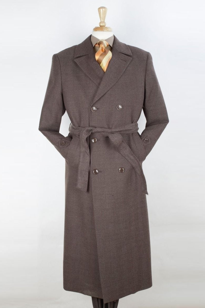 Mens Full Length Belted Double Breasted Wool Overcoat in Brown Herringbone