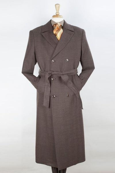 Mens Full Length Belted Double Breasted Wool Overcoat in Brown Herring ...