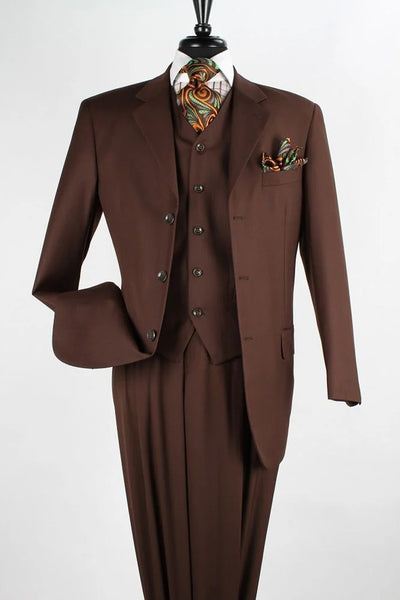 Mens Classic Fit 3 Button Vested Single Pleated Pant Suit in Coco Brown