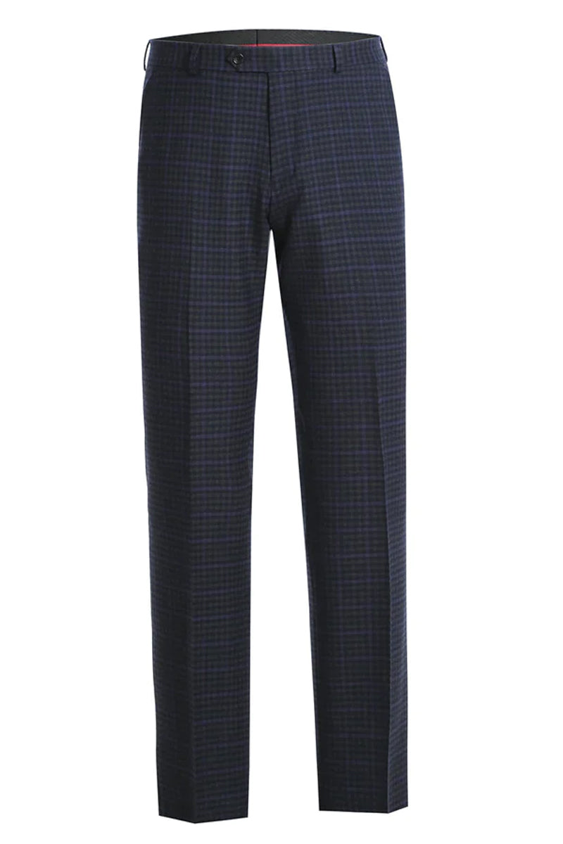 Mens Two Button Slim Fit Two Piece Wool Suit in Navy Blue & Purple Micro Check Plaid