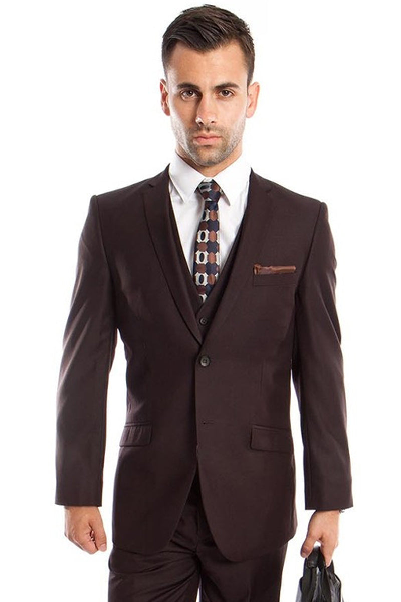 Men's Two Button Slim Fit Basic Vested Wedding Suit in Brown