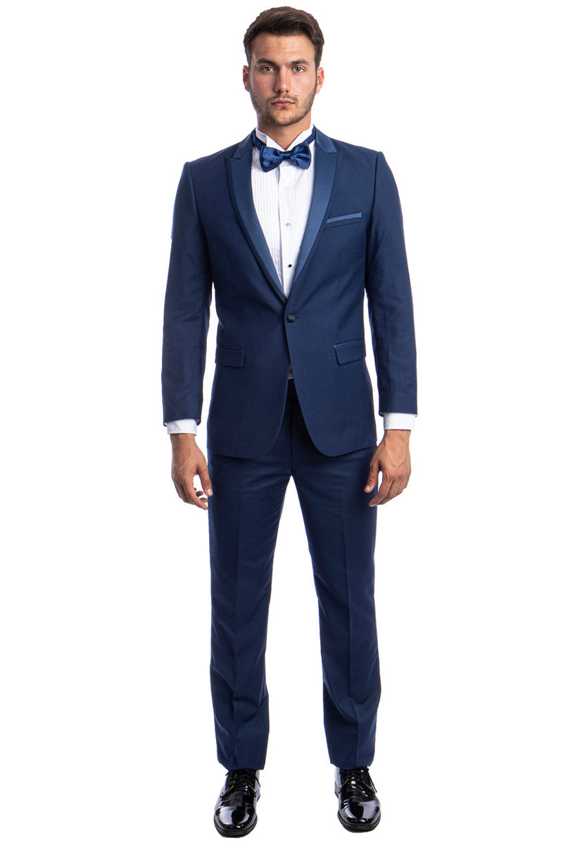 Men's Slim Fit One Button Satin Trim Peak Lapel Prom & Wedding Tuxedo in Cobalt Blue