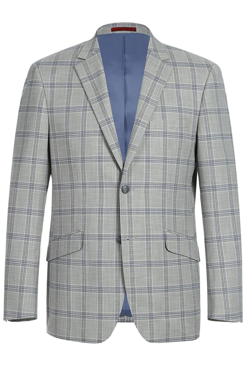 Mens Two Button Slim Fit Two Piece Suit in Light Grey & Blue Windowpan ...