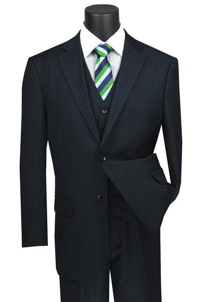 Mens Classic Fit Vested Pleated Pant Banker Pinstripe Suit in Navy Blue