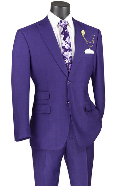 Mens 2 Button Modern Fit Peak Lapel Plaid Suit in Purple