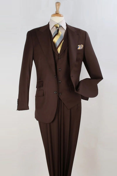 Mens Brown Wide Peak Lapel Vested Suit in Super 150's Merino Wool