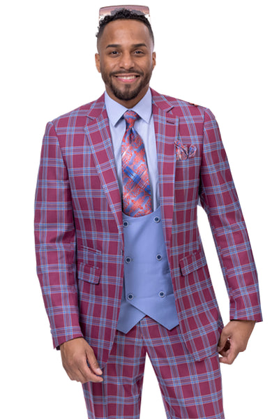 Mens One Button Double Breasted Vest Fashion Suit in Rasberry Pink Windowpane Plaid