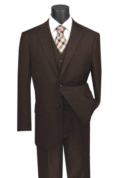 Mens Classic Fit Vested Pleated Pant Banker Pinstripe Suit in Brown