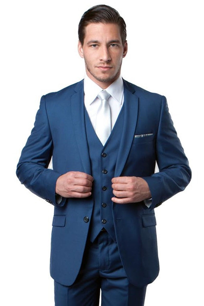 Men's Two Button Slim Fit Basic Vested Wedding Suit in Indigo Blue