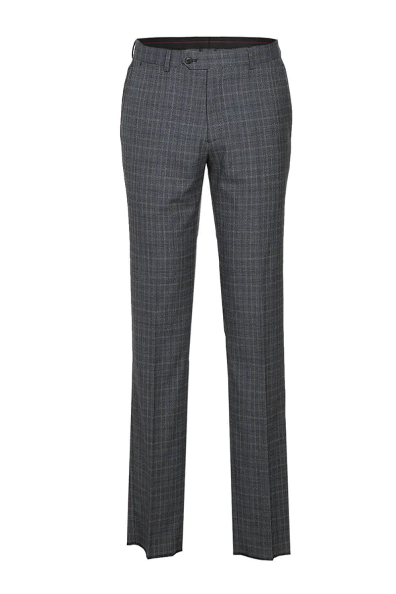 Mens Designer Slim Fit Double Breasted Suit in Light Grey Windowpane Plaid Check
