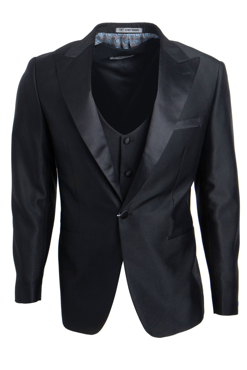 Men's Stacy Adams Vested One Button Peak Lapel Tuxedo in Black