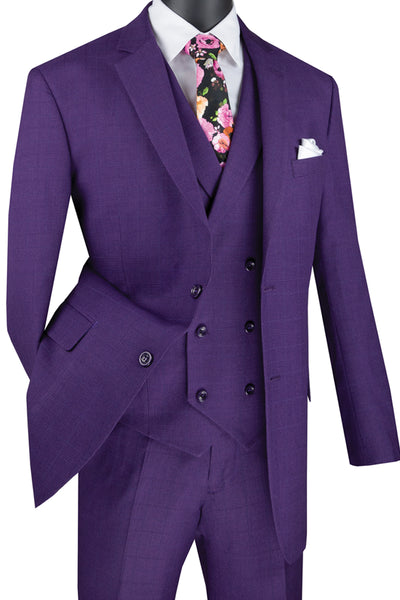 Mens 2 Button Double Breasted Vest Plaid Suit in Purple