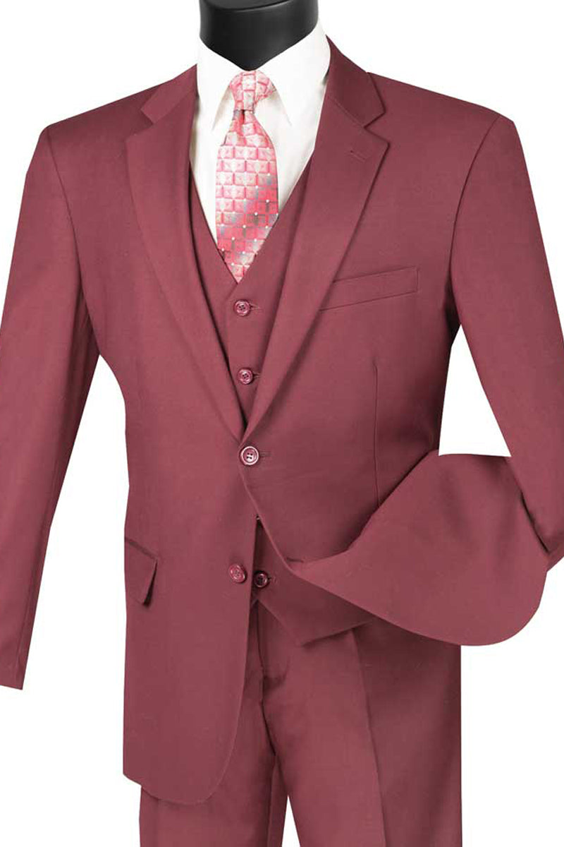 Mens Basic 2 Button vested Suit in Burgundy