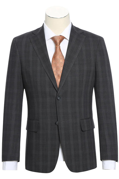 Mens English Laundry Two Button Slim Fit Notch Lapel Suit in Dark Charcoal Grey Windowpane Plaid