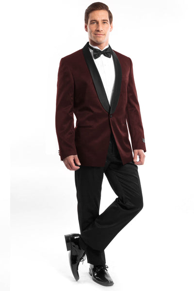 Men's Slim Fit Shawl Tuxedo in Burgundy Satin Birdseye