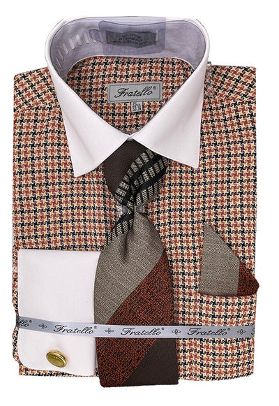 Men's Vintage Style Multi-Colored Houndstooth Dress Shirt & Tie Package in Beige