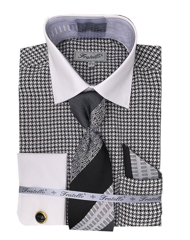 Men's Vintage Style Multi-Colored Houndstooth Dress Shirt & Tie Package in Black 16½ 36/37 / Black