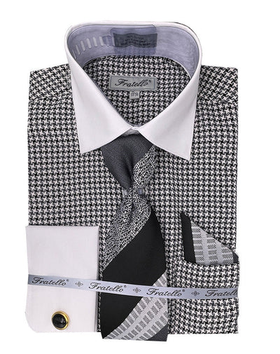 Men's Vintage Style Multi-Colored Houndstooth Dress Shirt & Tie Package in Black