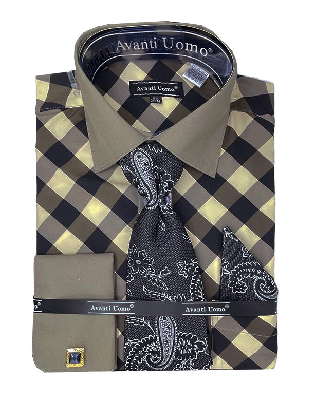French Cuff Large Basket Weave Pattern Black Mustard Men's Dress Shirt main image 0