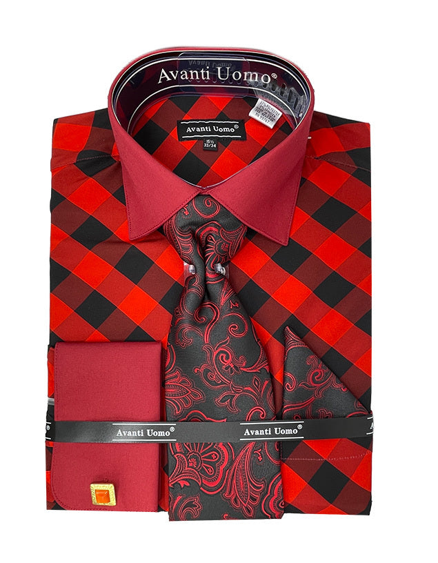 mens dress shirts french cuffs Men's Contrast Collar Cuff Check Shirt Set in Red, 19½ 36/37 / Red Dusty Pink Prom Dress A thoughtfully crafted collection meta-related-product-flutter variant:L/XL