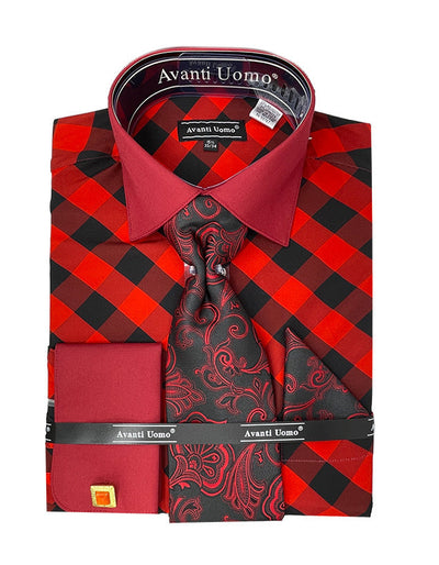 Men's Contrast Collar French Cuff Check Dress Shirt Set in Red