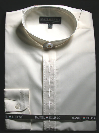 Men's Cross Embroidered Banded Collar Dress Clergy Shirt in Ivory