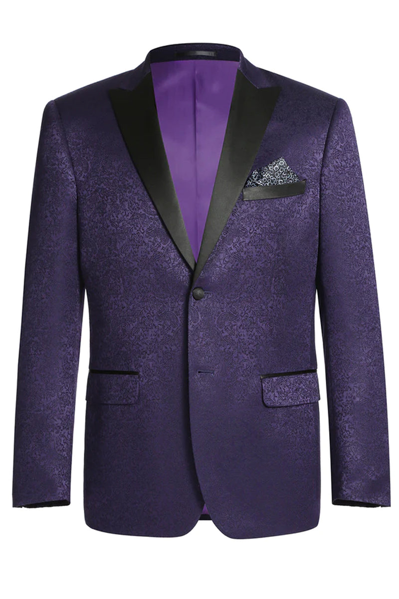 Mens Two Button Peak Lapel Paisley Prom Tuxedo Blazer in Purple