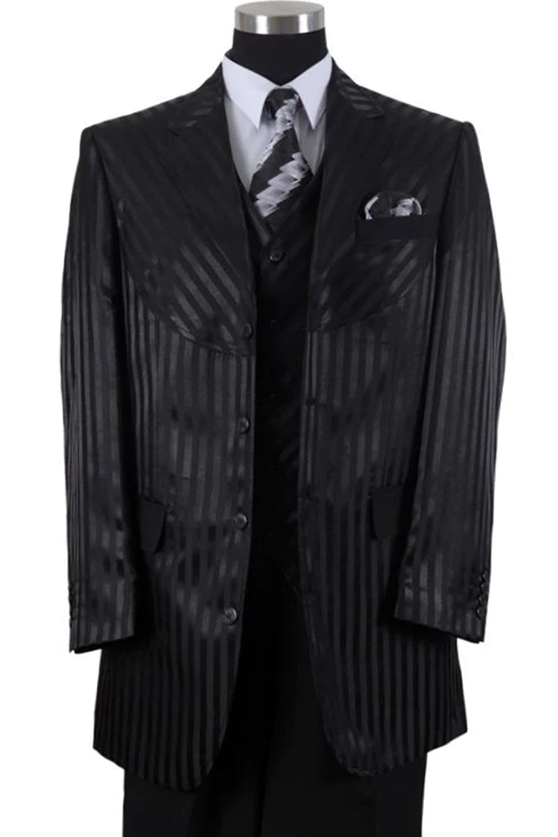 Mens 4 button Semi Wide Leg Shiny Tonal Stripe Fashion Suit in Black ...