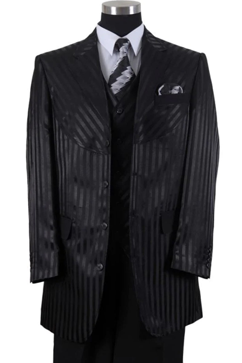 Mens 4 button Semi Wide Leg Shiny Tonal Stripe Fashion Suit in Black