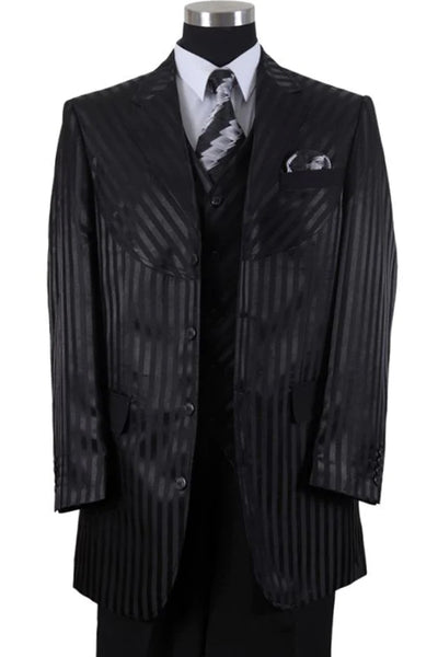 Mens 4 button Semi Wide Leg Shiny Tonal Stripe Fashion Suit in Black
