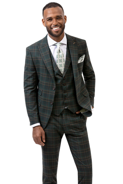 Mens Two Button Modern Fit Peak Lapel Vested Suit in Dark Hunter Green Windowpane Plaid