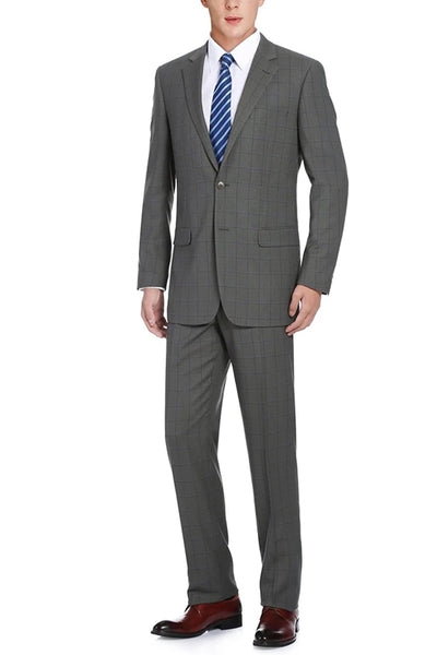 Mens Two Button Classic Fit Two Piece Suit in Grey Windowpane Plaid