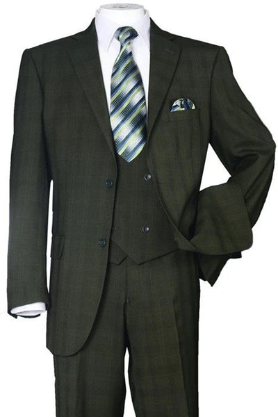 Mens Modern Fit Plaid Windowpane Suit with Double Breasted Scoop Vest in Olive Green