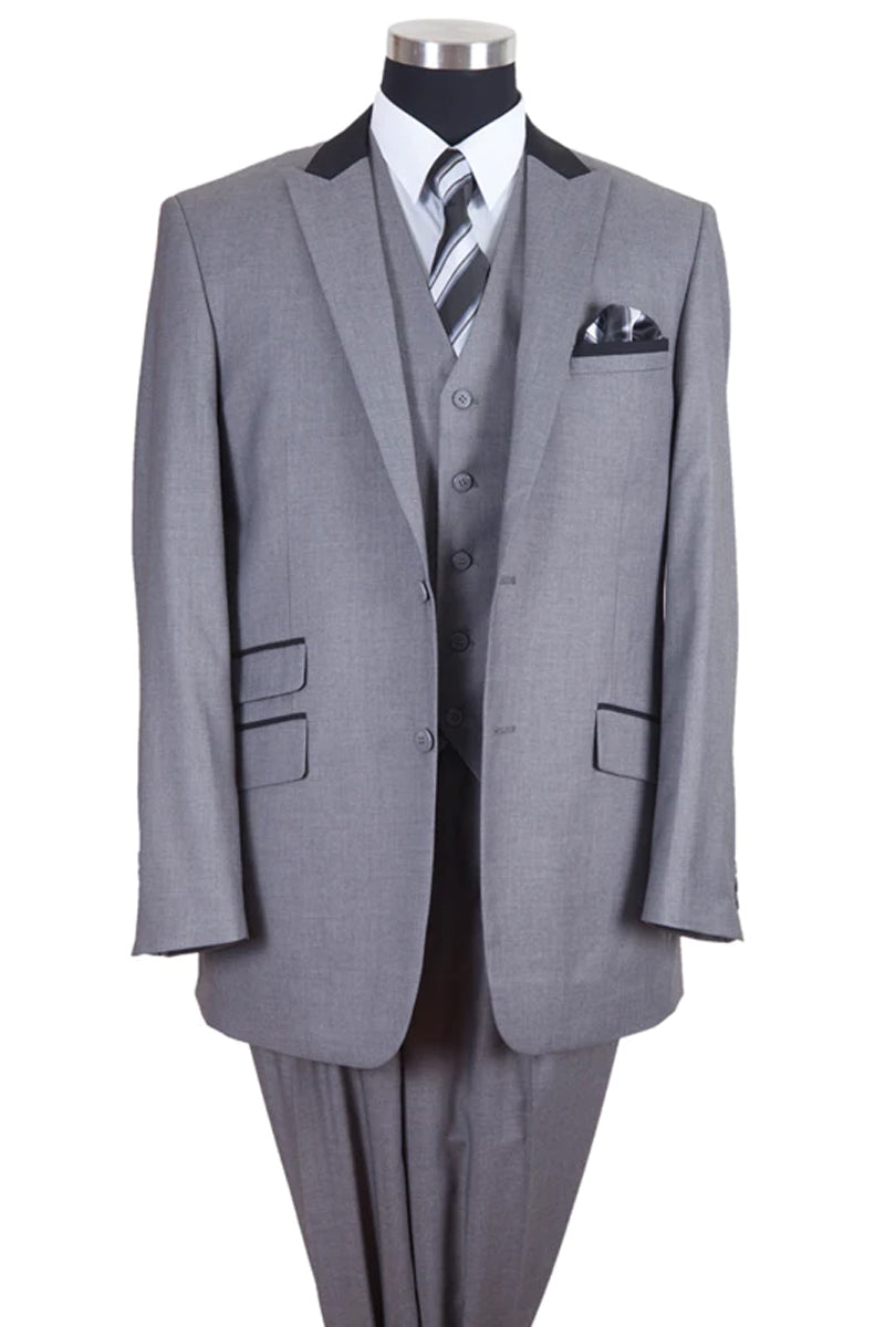 Mens 2 Button Vested Peak Lapel Contrast Collar Suit in Grey and Black
