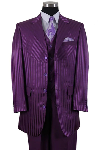 Mens 4 button Semi Wide Leg Shiny Tonal Stripe Fashion Suit in Purple