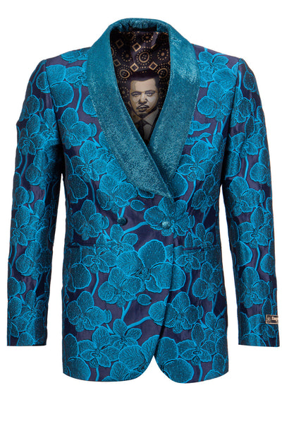 Men's Double Breasted Shiny Floral Embroidered Tuxedo Dinner Jacket in Turquoise