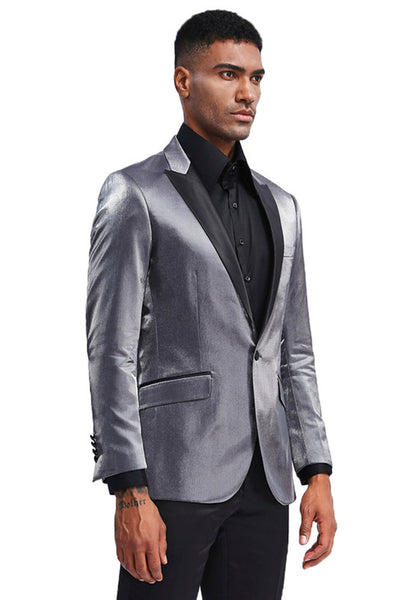 Men's Slim Fit Shiny Satin Prom & Wedding Tuxedo Jacket in Charcoal Grey