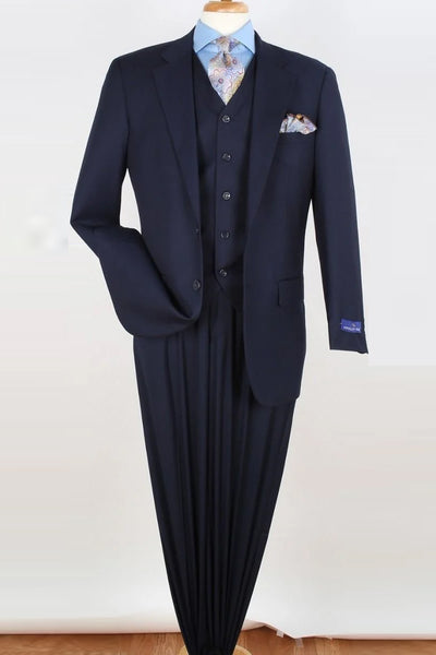 Mens Classic Fit 2 Button Vested Single Pleated Pant Suit in Navy Blue