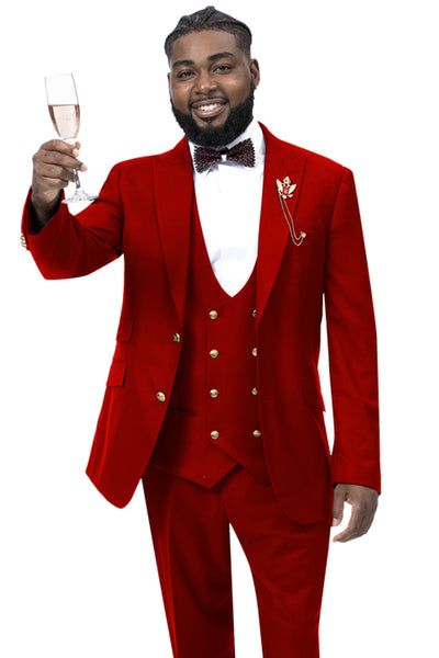 Mens Modern Two Button Vested Peak Lapel Suit with Double Breasted Vest & Gold Buttons in Red