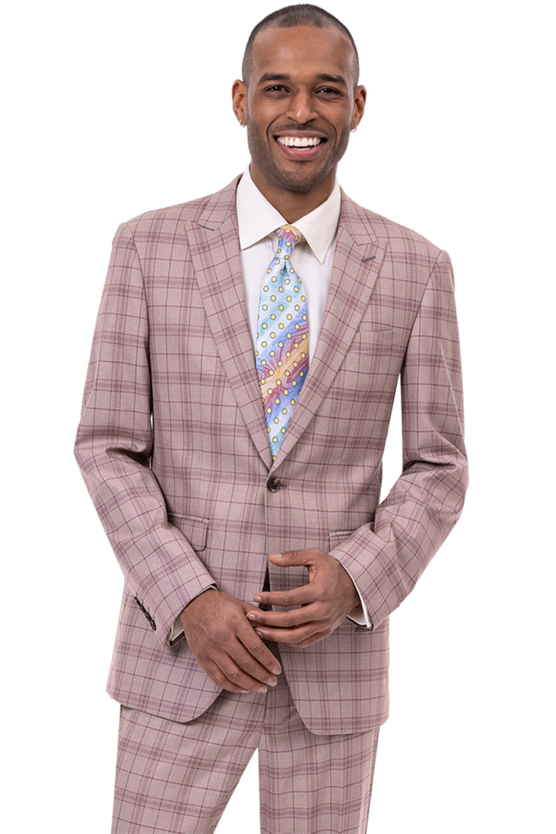 Mens One Button Peak Lapel Fashion Suit in Tan Windowpane Plaid