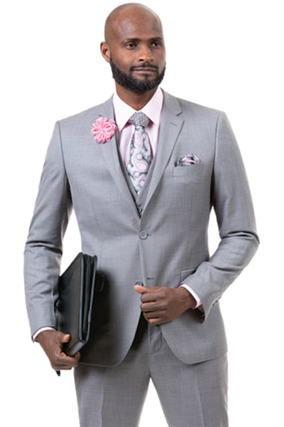 Mens Two Button Vested Sharkskin Weave Business Suit in Light Grey