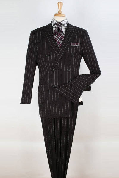 Mens Double Breasted 1920's Wide Bold Gangster Pinstripe Suit in Black