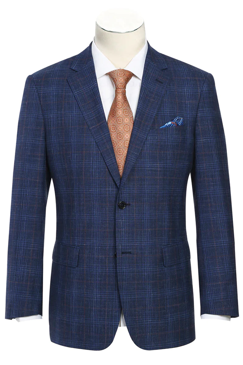 Mens Classic Fit Two Button Wool & Linen Sport Coat Blazer in Blue Windowpane Plaid