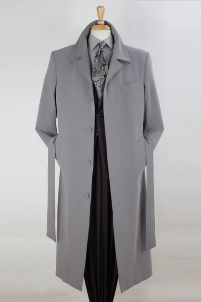 Mens Full Length Long Belted Wool Overcoat in Grey